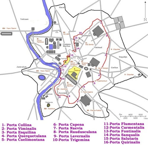 Plano de la antigua Roma con los muros servianos (en rojo). Plano de la antigua Roma con los muros servianos (en rojo).