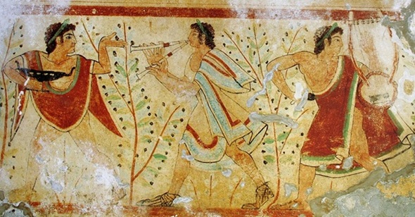Bailarines y músicos etruscos. Tumba de los leopardos, necrópolis de Monterozzi, Italia.