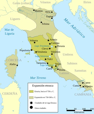 Mapa de la expansión etrusca entre el 750 y el 500 a.C. Mapa de la expansión etrusca entre el 750 y el 500 a.C.