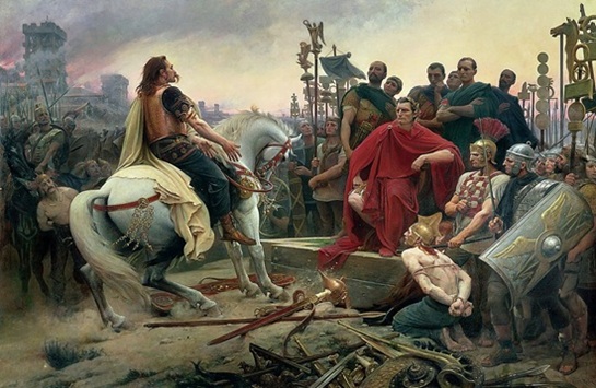 Vercingétorix arroja sus armas a los pies de Julio César. Pintura de Lionel Noel Royer (1899).
