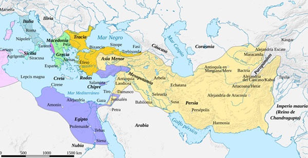 Mapa que muestra la división del Imperio de Alejandro Magno después de su muerte y la extensión de Roma republicana en la misma época.
