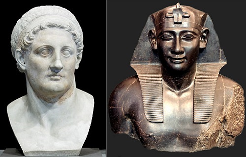 Busto helenístico que representa a Ptolomeo I Sóter, siglo III a. C. Museo del Louvre, París. Y Ptolomeo I como Faraón de Egipto, en el Museo Británico. Busto helenístico que representa a Ptolomeo I Sóter, siglo III a. C. Museo del Louvre, París. Y Ptolomeo I como Faraón de Egipto, en el Museo Británico.