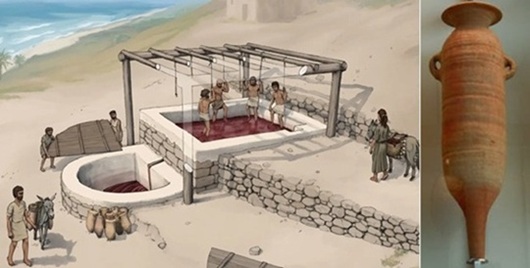 Reconstrucción artística de una prensa de vino en Tell el-Burak Reconstrucción artística de una prensa de vino en Tell el-Burak