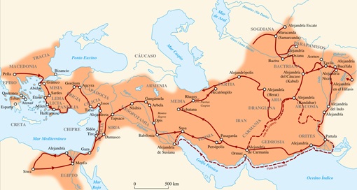 Mapa del imperio macedónico durante el reinado de Alejandro Magno. Incluye las rutas de conquista. Mapa del imperio macedónico durante el reinado de Alejandro Magno. Incluye las rutas de conquista.