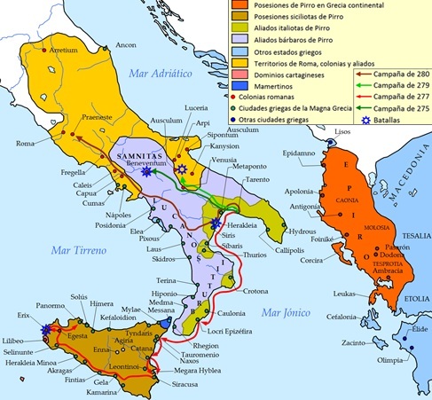 Mapa de las campañas de Pirro contra Roma y Cartago en el sur de Italia y Sicilia.