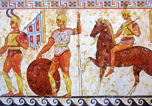 Soldados samnitas en un friso de una tumba de Paestum en Lucania, siglo IV a.C.