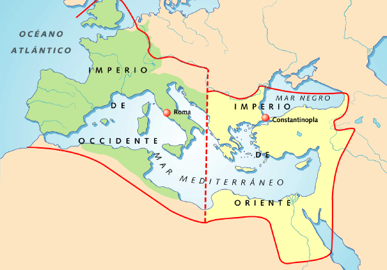 Mapa de la división del Imperio Romano