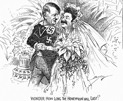 Una caricatura de la época en la que Hitler y Stalin contraen matrimonio después de la firma del Pacto Germano-Soviético.