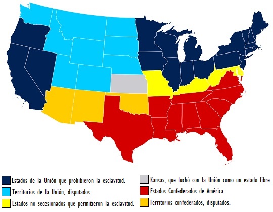 Mapa de Estados Unidos que muestra la afiliación de los estados y territorios con respecto a la Guerra de Secesión para 1865