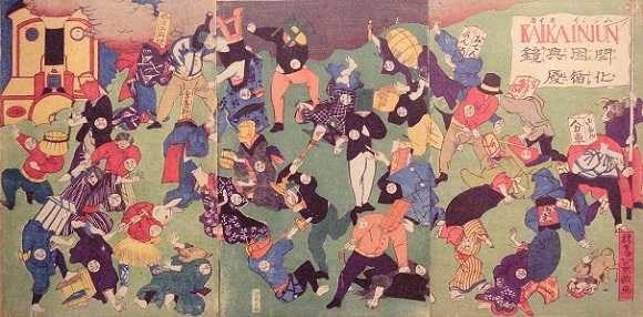 Alegoría del Nuevo luchando contra el Viejo, a principios del Japón Meiji, alrededor del año 1870.