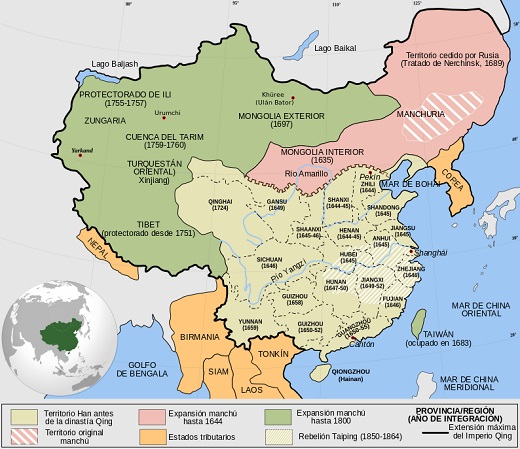 Mapa de China con la extensión territorial de la dinastía Qing