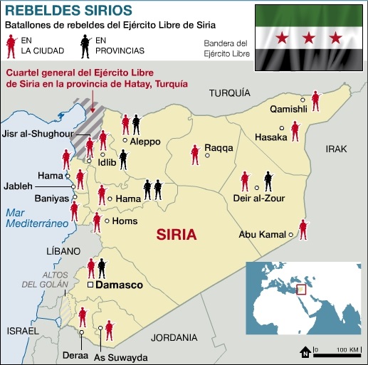 Mapa de Siria con la distribución de las tropas rebeldes