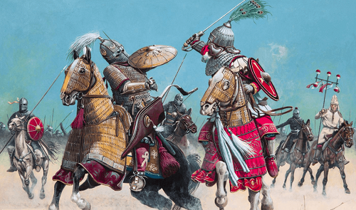 Batalla de Nínive 627. El jinete de las plumas de pavo real es el emperador Heraclio