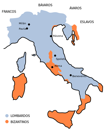  Península Itálica y región insular en 751. El Exarcado de Rávena fue el centro del poder bizantino en Italia desde finales del siglo VI hasta el año 751