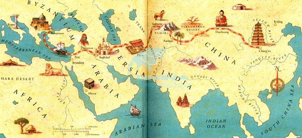 Mapa ilustrado de las aventuras de Marco Polo donde se distingue la Ruta de la Seda desde Constantinopla hasta Shangai