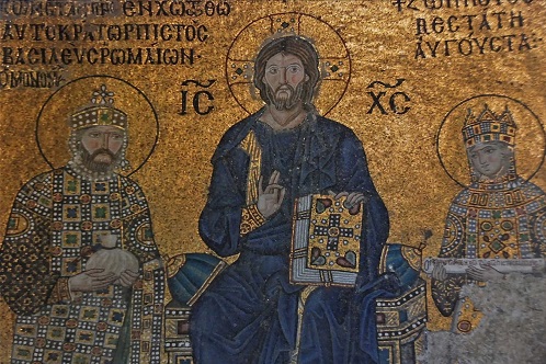Jesucristo recibe presentes del emperador Constantino VIII y su esposa la emperatriz Zoe