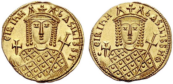 Solidus bizantino que circuló en el imperio bajo el mandato de Irene.
