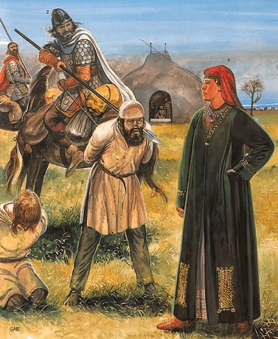 Alanos de las estepas de Rusia. 1 mujer alana noble; 2 lancero alano; 3 prisioneros. Autor Gerry Embleton.