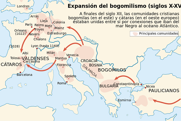 Expansión por Europa del bogomilismo entre los siglos X y XV.