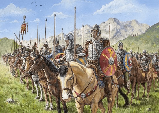Caballería bizantina siglos VI y VII. Se ve la división entre arqueros y lanceros.