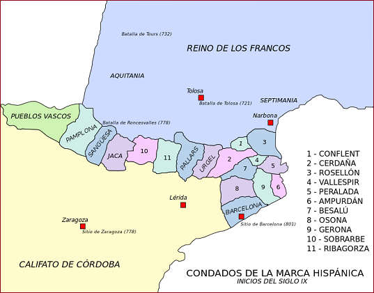 Mapa con todos los condados de la Marca Hispánica y Vasconia.