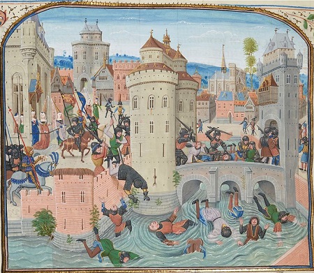 Las tropas de Gastón Febo y Juan de Grailly derrotan a los “Jacques” y los parisinos en Meaux. Ilustración de las Crónicas de Froissart.