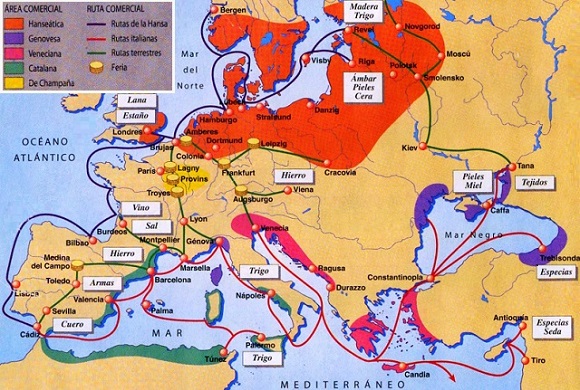 Mapa de Europa que muestra los principales productos y rutas comerciales dentro y fuera del continente hacia el siglo XI.