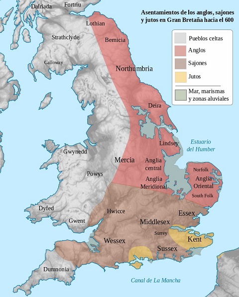 Asentamientos sajones, anglos y jutos en Inglaterra hacia el 600