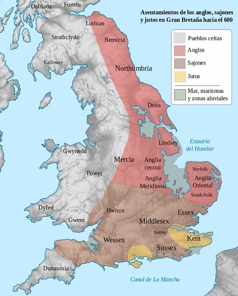 Asentamientos sajones, anglos y jutos en Inglaterra hacia el 600