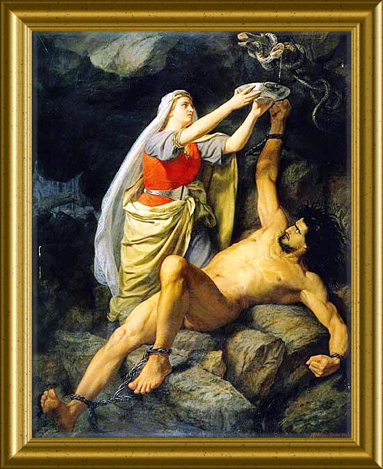 Ilustración del castigo de Loki y su esposa Sigyn