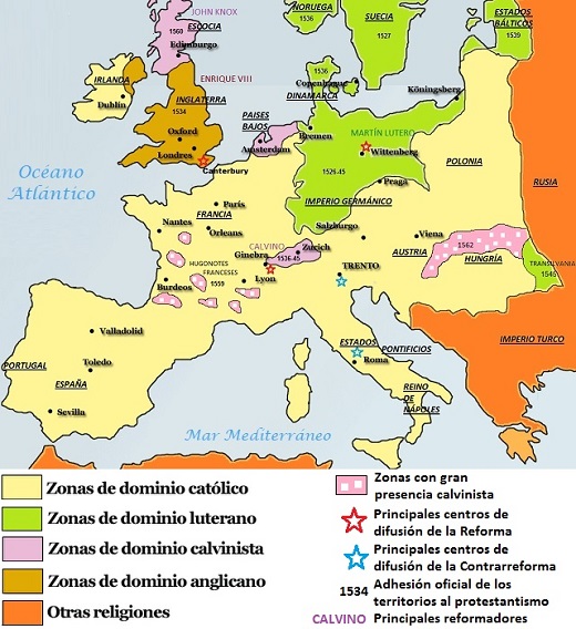 Mapa de Europa que muestra la expansión de la Reforma protestante