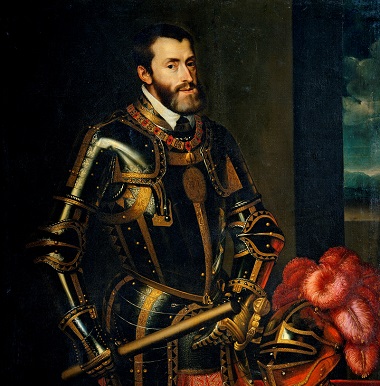 “El Emperador Carlos V con el bastón”, por Juan Pantoja de la Cruz. Copia de un retrato de Tiziano.