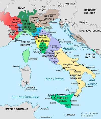 Mapa de Italia en 1494 antes del comienzo de la guerra