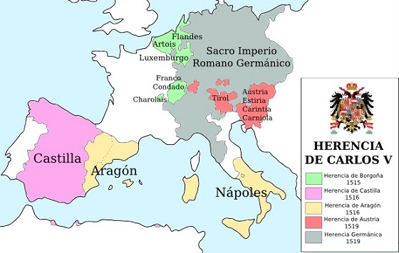 Mapa de Europa con los territorios heredados por Carlos V, emperador del Sacro Imperio Romano Germánico desde 1519 hasta 1555.
