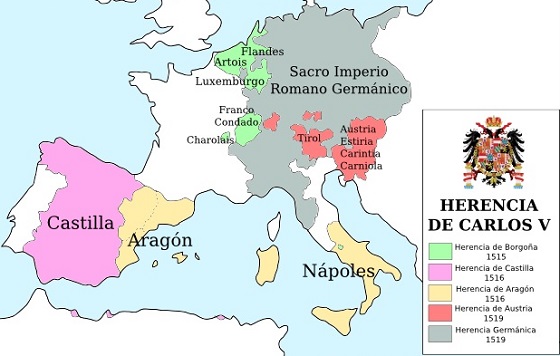Mapa de Europa con los territorios heredados por Carlos V, emperador del Sacro Imperio Romano Germánico desde 1519 hasta 1555. Mapa de Europa con los territorios heredados por Carlos V, emperador del Sacro Imperio Romano Germánico desde 1519 hasta 1555.