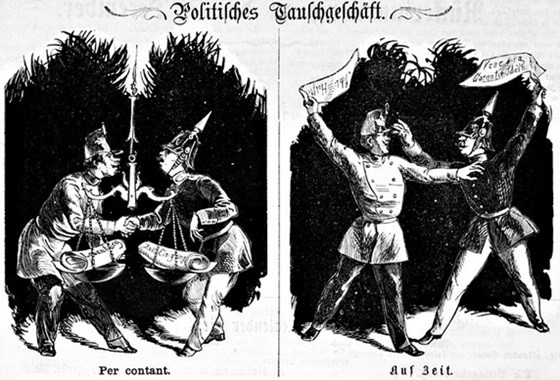 Caricatura publicitaria que exhibe la reyerta entre Prusia y Austria