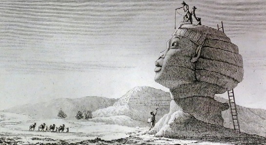 Midiendo la gran esfinge de Giza (1798). Dibujo de Vivant Denon.
