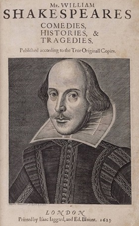 Portada del “First Folio”, 1623. Retrato de Shakespeare grabado por Martin Droeshout.
