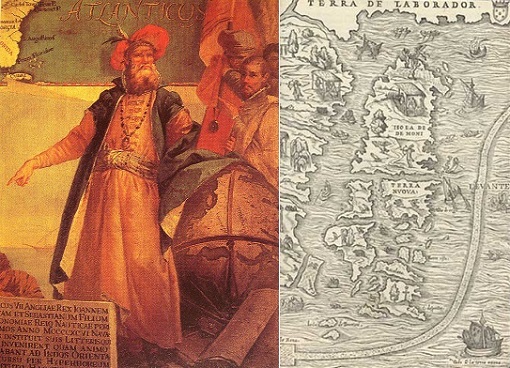 Juan Caboto en una pintura mural de 1762. Mapa del siglo XVI de las tierras exploradas por Caboto. Juan Caboto en una pintura mural de 1762. Mapa del siglo XVI de las tierras exploradas por Caboto.
