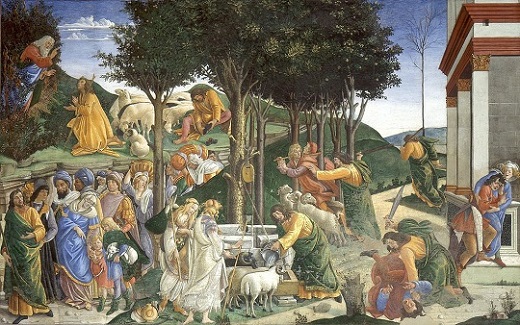 Las pruebas de Moisés (1481-1482). Sandro Botticelli. Pintura mural en la Capilla Sixtina, Ciudad del Vaticano.