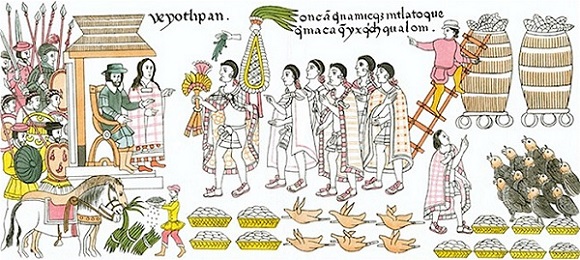 Malinche al lado de Hernán Cortés traduciendo el idioma náhuatl. Detalle del Lienzo de Tlaxcala.