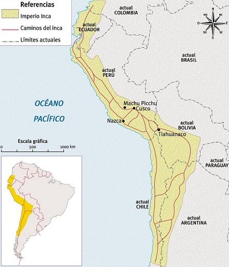 Mapa de la ubicación geográfica del Imperio Inca en Sur América