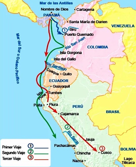 Rutas de los viajes de Pizarro