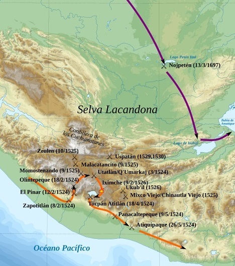 Mapa de las principales vías de entrada y de las batallas en la conquista de los territorios mayas de Guatemala