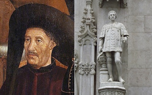 Retrato de Enrique de Portugal hacia 1470. Estatua en la fachada del Real Gabinete Portugués de Lectura, Río de Janeiro, Brasil.