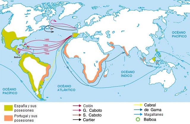 Mapa de las principales exploraciones de la Era de los Descubrimientos marítimos
