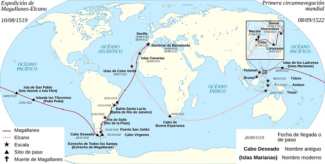 Mapa de la primera circunnavegación de la Tierra