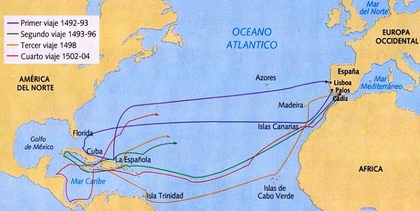 Mapa que muestra las rutas recorridas por Cristóbal Colón en sus cuatro viajes expedicionarios