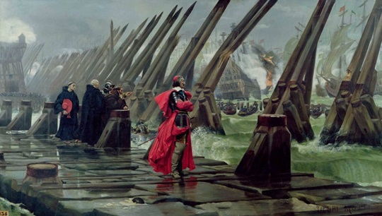 El Cardenal Richelieu en el sitio de La Rochelle, pintura romántica de Henri-Paul Motte (1881).