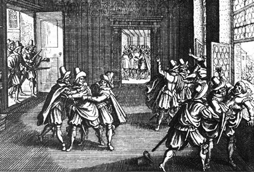 Grabado que representa la defenestración de Praga de 1618 Grabado que representa la defenestración de Praga de 1618